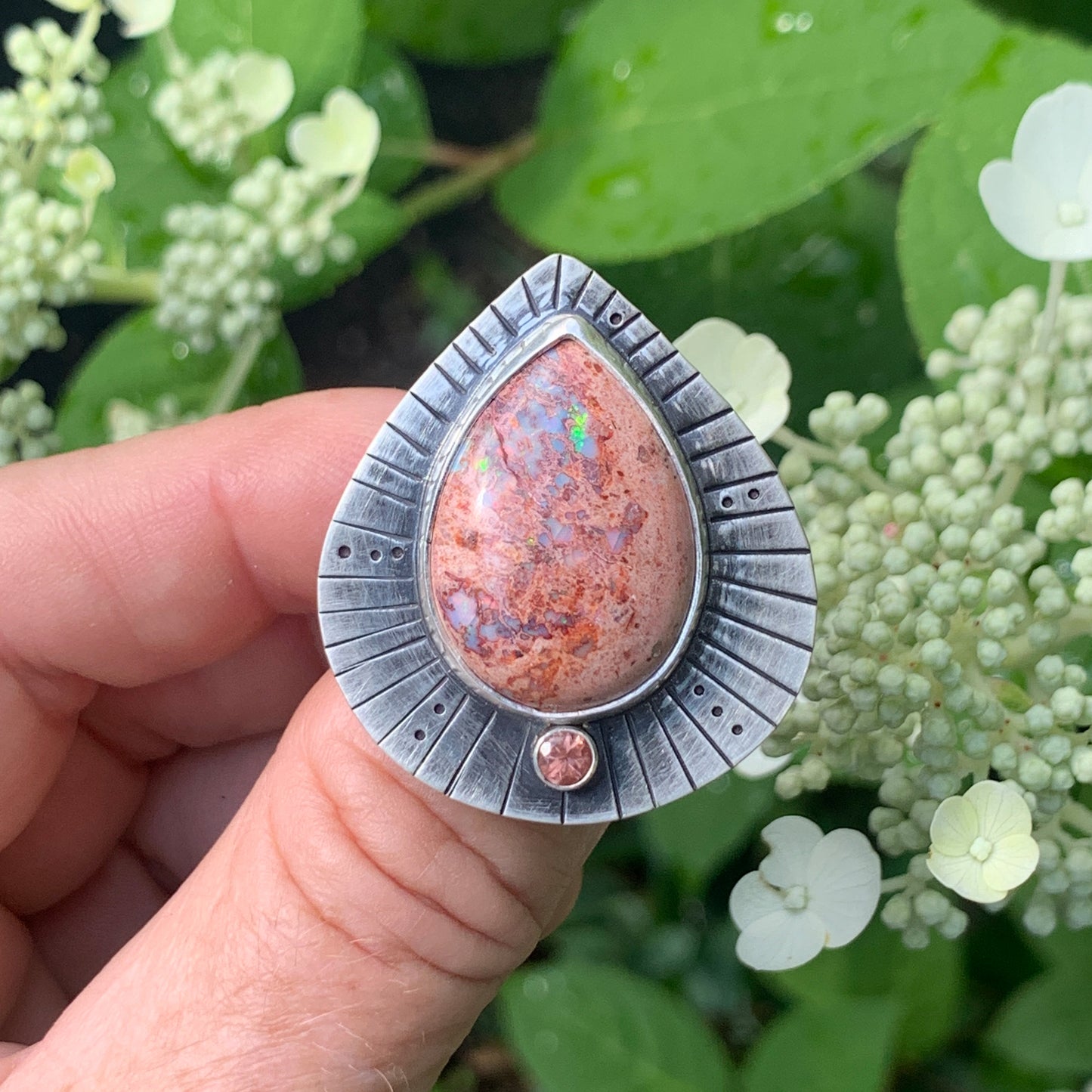 Cosmic Shield Mexican Opal and Oregon Sunstone Ring • Size 6